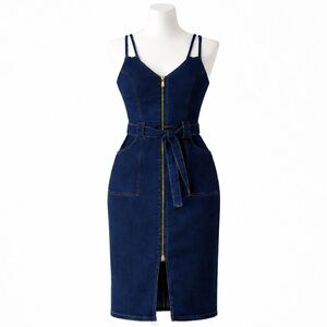Size 14 Venus Women’s Denim Zip Front Belted Midi Dress Utility Blue